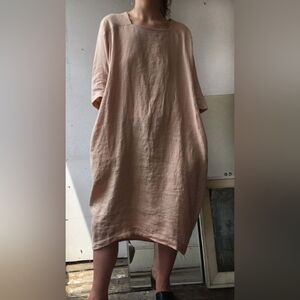 Black Crane Scallion Linen Dress XS Lagenlook